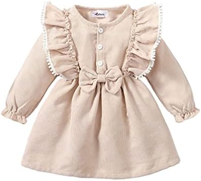 BOBORA Toddler Girl Fall Dress Kid Solid Corduroy Ruffle Long Sleeve Princess Dress Winter Outfit Little Girl Casual Clothes(Beige, 4-5T)