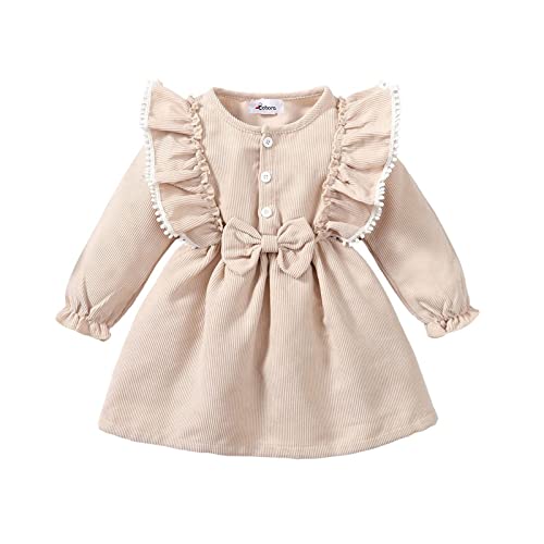 Bobora Toddler Girl Fall Dress Kid Solid Corduroy Ruffle Long Sleeve Princess Dress Winter Outfit Little Girl Casual Clothes(Beige, 4-5T) #TOP17