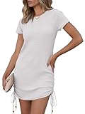 ANRABESS Women Swimwear Cover Up Short Sleeve Knit T Shirt Dress 2025 Summer Beach Drawstring Swim Suit Crochet Mini Dresses White Small (Apparel)