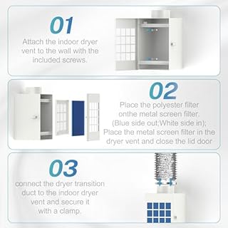 HOOMESUN Indoor Dryer Vent Kit, Dryer Vent Box for Electric Dryer, Safety Vent Flap, Indoor Dryer Vent for Electric Dryer with Screen Filter, Polyester Filters, Dryer Vent Hose