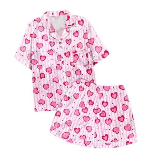 Image of Valentines Pajamas For Women Short Sleeve 2 Piece Set Valentine Day Outfit Bow Heart Print Button Soft Sleepwear