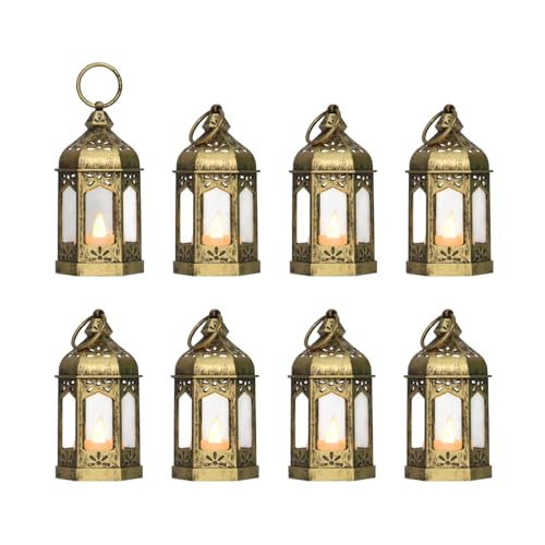 8Pcs 5-inch Mini Lanterns Centerpieces for Table Baby Shower Decorations Vintage Small Lantern for Halloween Decorations Party Lights for Enchanted Forest Decorations Wedding Decor Brushed Brass
