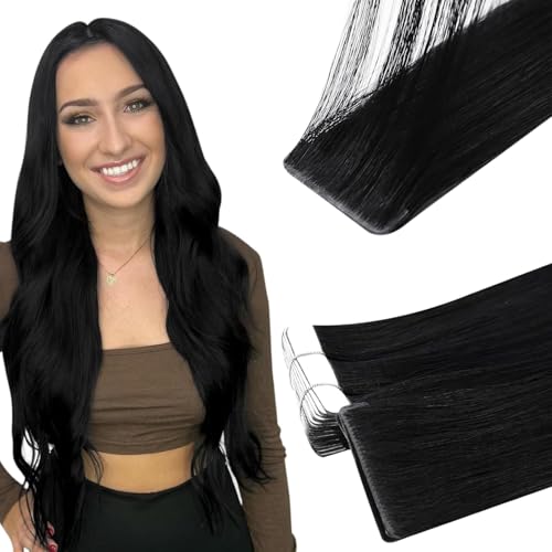 Image of Full Shine Injected Tape in Hair Extensions Human Hair, Color 1 Black, 14 Inch 40 Grams 20 Pcs, Machine Remy Invisible Tape in Extensions, Natural Movement, Glossy Finish, Smooth Comfortable