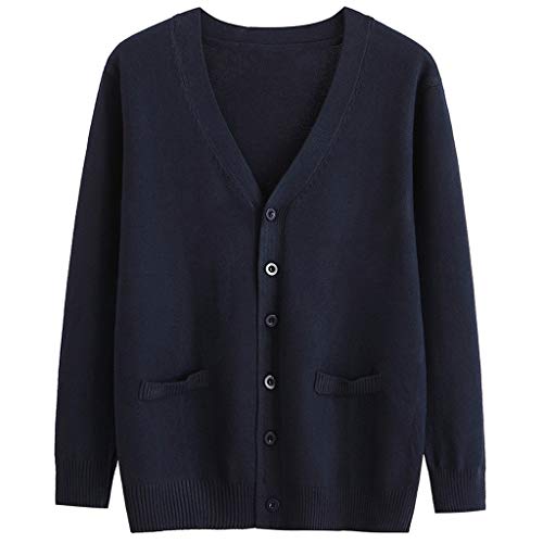 Fankle Womens Button Down V Neck Long Sleeve Soft Knit Cardigan Sweater Basic Casual Open Front Fake Pocket Coat (XS-4XL)(Navy M)