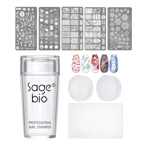 SAGEBIO Nail Art Stamper Clear Silicone Nails Stamping Jelly with Scraper Transparent Visible Body...