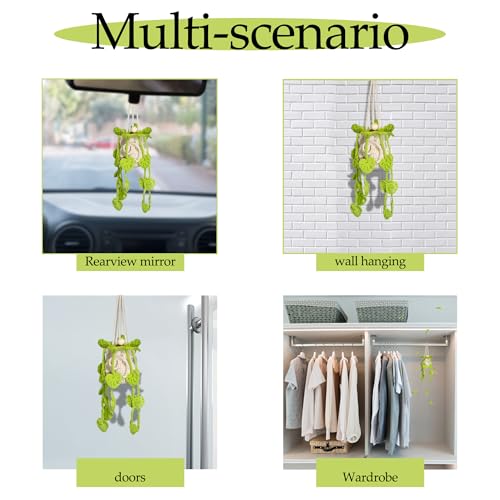 Image of Crochet Car Air Freshener Hanging, Cute Hanging Plant for Cars, Crochet Plant with 10ml Empty Refillable Oil Diffuser Bottle, Handmade Boho Car Ornaments Charms for Rear View Mirror, Green