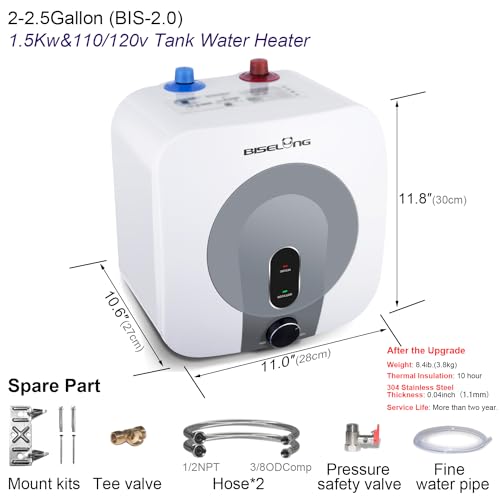 110V-120V 1440-1500W Small Under Sink Tank 2.5 Gallon Water Heater Hot Storage,Mini Instant Electric RV TR Trailer Kitchen Compact,Food Truck 2 PCs 16” Long 1/2”FIP Stainless Steel Hose (BI-2.5) - Thumbnail 3