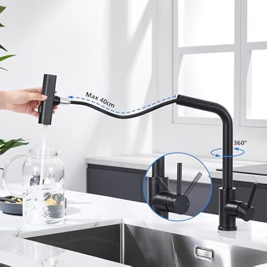 Rubinetto Cucina Nero Con Doccetta Estraibile - 3 Modalità Getto, Girevole 360°, Acciaio Inox - Foto 8