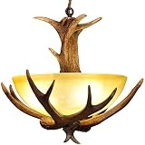 FINE MAKER Retro Antler Chandelier, Vintage Style Faux Resin Antler Wood Pendant Lighting, Countrysi