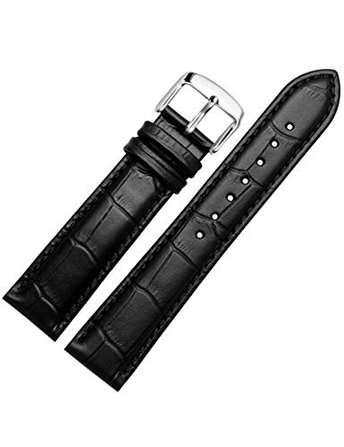 Reinherz 時計ベルト 腕時計ストラップ 交換ベルト 牛革観音開きDバックル ステンレス 撥水 通気 汗吸収力強 バンド ブラック ブラウン バネ棒外し付属 ビジネス 男女兼用(16mm黒+黒線+銀バックル)