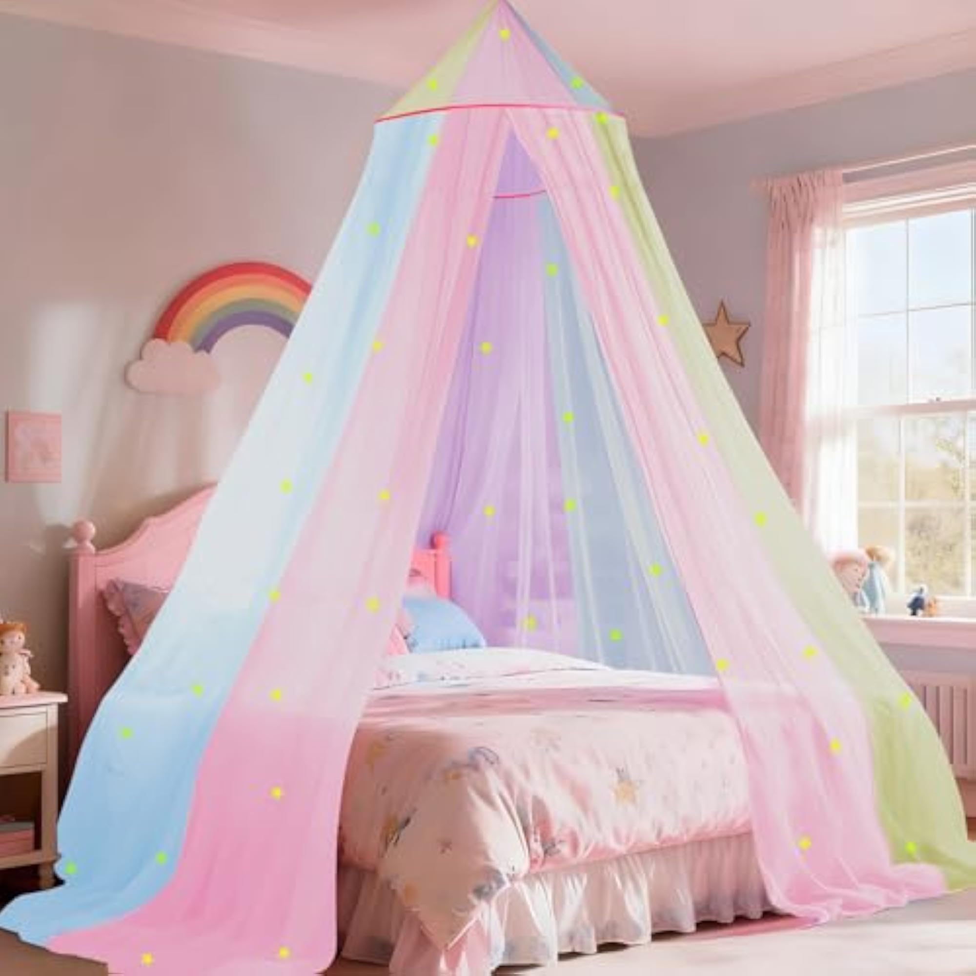 Rainbow Bed Canopy for Girls with Glowing Stars