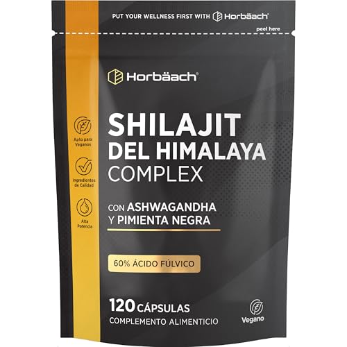 Shilajit Puro do Himalaia Cápsulas 1500mg | 60% Ácido Fúlvico | com Ashwagandha e Pimenta Preta | 120 Cápsulas Veganas | Extrato puro de Shilajit proveniente do Himalaia | de Horbaach