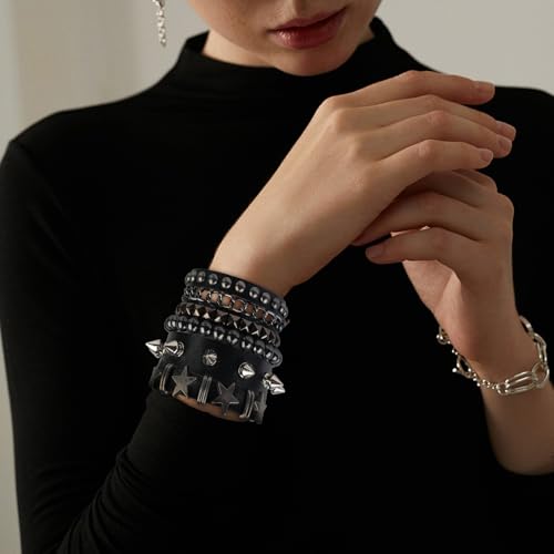 4 Pcs Punk Rock Studded Bracelet Set Leather Cuff Bracelets for Men Women 80s Emo Goth Accessories3