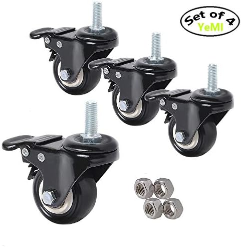 YeMI 2" Stem Caster Wheels with Brake Set of 4, Heavy Duty Swivel Rubber Wheels with Nuts, Double Bearings No Noise Castors (Metric Screwed Bolt M10-1.5 x 1'', Thread Pitch 1.5mm)