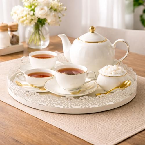 Image of Gold Finish Decorative Metal Tray | Multipurpose Serving & Vanity Tray | Premium Cutwork Design | Home Decor Organizer | 28 x 4 cm (Ivory)