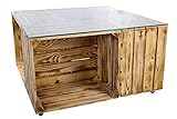 Moooble 1x geflammter Kistentisch inklusive Glasplatte und Rollen | 81x81x44 cm | Couchtisch Holz Glas mit viel Stauraum für Controller, Flaschen