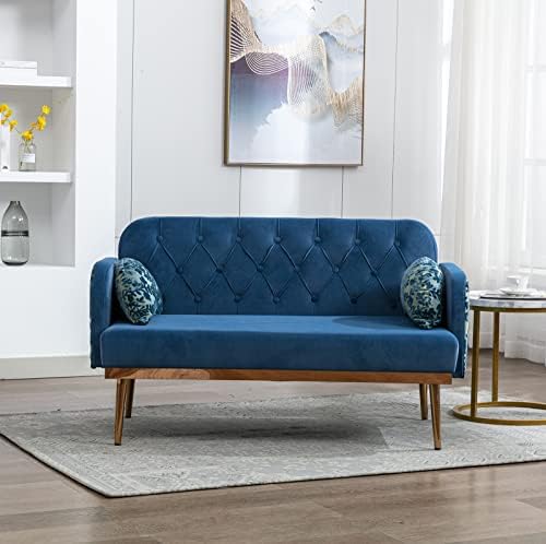 55-inch Small Velvet Couch with Elegant Moon Shape Pillows, Twin Size Loveseat Accent Sofa with Golden Metal Legs, Living Room Sofa with Tufted Backrest, 600 Pounds Weight Capacity, Light Blue