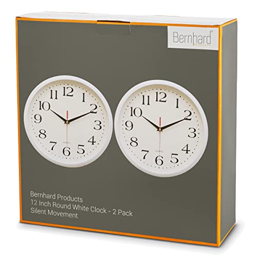 Image of Bernhard Products White Wall Clocks, 2 Pack Silent Non Ticking - 12 Inch Quality Quartz Battery Operated Round Easy to Read Home /Office /Classroom /Business /Kitchen /School Clock