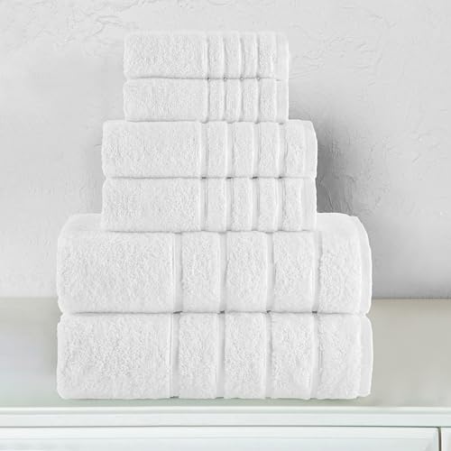 Image of Elegant Comfort 4 Lines Viscose Stripe 6-Piece Premium Towel Set - 100% Turkish Cotton High Absorbent Luxury Bathroom Towels - Includes 2 Washcloths, 2 Hand Towels and 2 Bath Towels Set, White