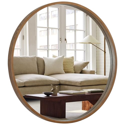 Image of WallBeyond Round Wood Mirror, 32 inch Round Modern Decoration Large Circle Wall Mirror for Bathroom Living Room Bedroom Entryway, Walnut