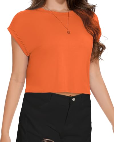 Image of Womens Crop Tops Summer Roll Cap Sleeve Cropped Tshirt Loose Fit Basic Tees
