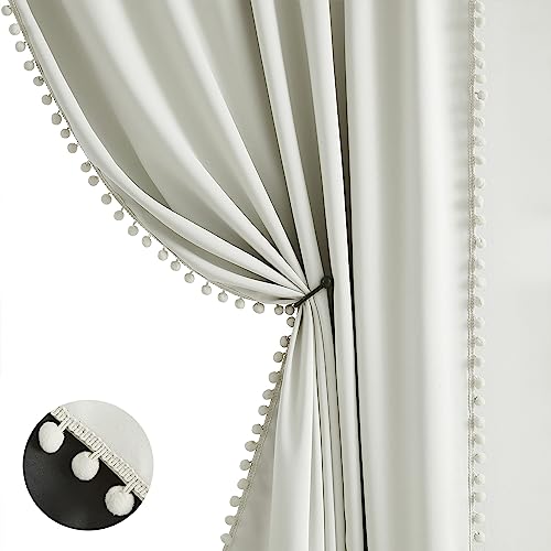 Image of Treatmentex Pompom Blackout Window Curtain Panels Natural Ivory Full Blackout Curtains for Bedroom Basement Small Windows 52 inch W x 45 inch L 2 Panels Rod Pocket