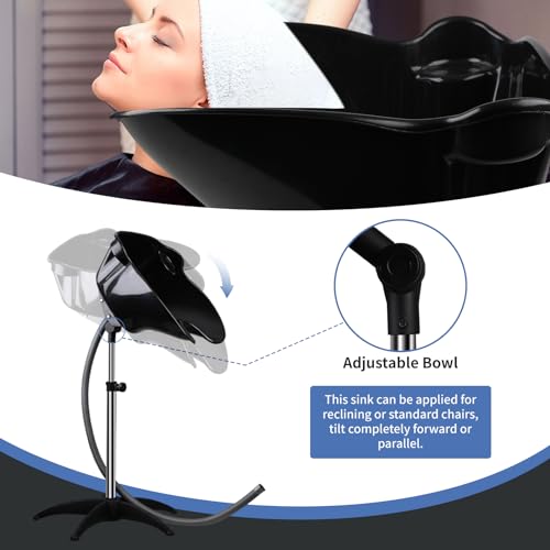 Portable Shampoo Bowl, Height & Angle Adjustable Hair Washing Sink with Drain Hose, Standing Salon Deep Shampoo Basin for Hairstylist and Home Services