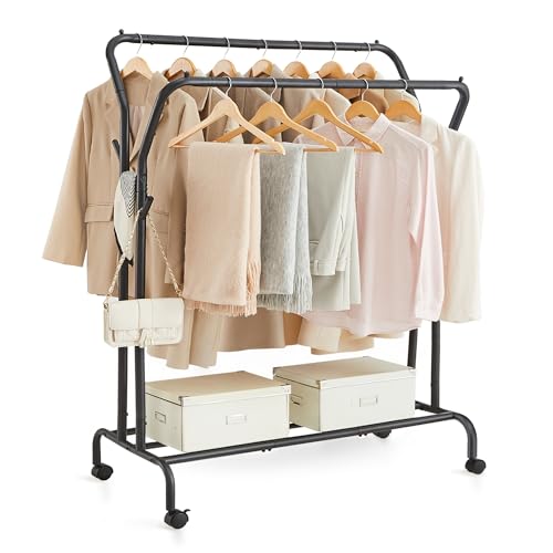 SONGMICS Portant à Vêtements avec roulettes, Double Barre, Porte-Manteau, en Acier, Charge 100 kg, Largeur de 103,5 cm, Rangement Polyvalent, Noir HSR107B01