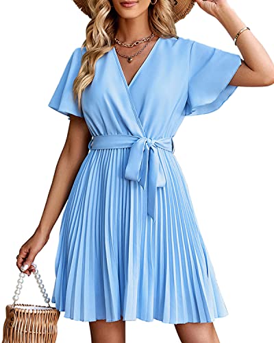 NLAND Vestido Casual para Mujer Manga Corta Cuello en V Vestidos Color Sólido Elegante con Tirantes en la Cintura(Azul,XL)