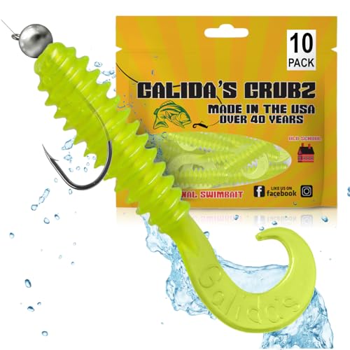 Galida's Grubz Soft Plastic Fish Bait Lures for Fishing | Fishing Bait Lure with Deep Ribs | Great for Beginners and Advanced Fishermen | Pearl Chartreuse | Pack of 10 Fishing Bait Lures