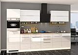MODERNE Küchenzeile mit Spülenschrank, Auszugschrank, Unterschrank, Kühlschrankumbauschrank, Klapphängeschränken, Regalen, Arbeitsplatte, Glaskeramikkochfeld, Kühlschrank mit Gefrierfach, Backofen, Design-Dunstabzugshaube und Spülbecken