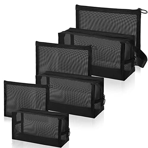 Lot de 6 trousses de maquillage en maille avec fermeture éclair pour étudiant, voyage, maquillage au bureau, en voyage (noir), Noir Cover