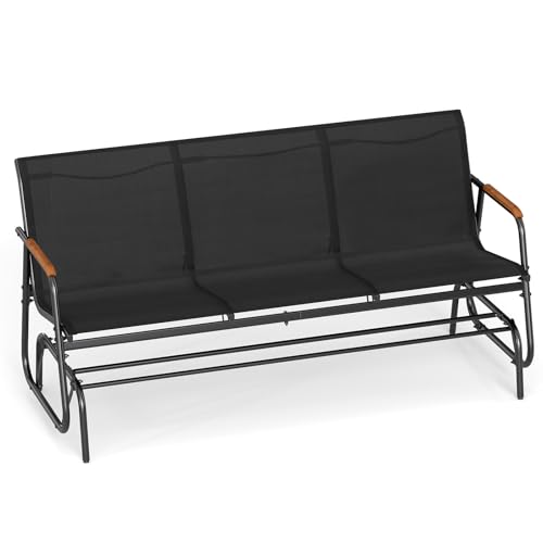 COSTWAY Banco Balancin de 2/3 Plazas, Banco Deslizante con Asiento Largo y Reposabrazos Curvos de Teca, Tela Transpirable, Jardin Terraza Exterior, Carga 300/450kg (Negro,74 x 169 x 84 cm)