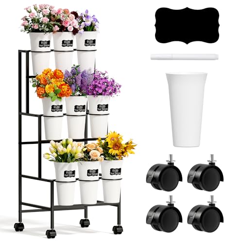 Alytree Présentoir de fleurs avec 9 seaux, chariot de fleurs en métal à 3 niveaux avec roulettes, support de barre de fleurs pour jardin, magasin de fleurs, intérieur ou extérieur, décoration de fête