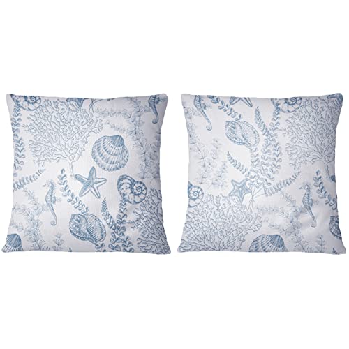 Tritard Coastal Nautical Throw Pillow Covers Set of 2 Ocean Themed Beach Outdoor Seashells Couch Pillow Cases Starfish Seahorse Coral Sofa Cushion Cover for Patio Bedroom Living Room, 18" x 18"