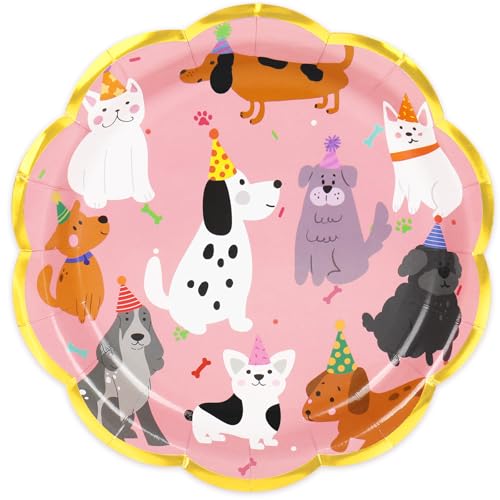 FYSUIMU 30Pcs Dog Gold Foil Scalloped Paper Plate Pink Puppy Disposable Plates 9 Inch Dinner Dessert Plates for Animal Pet Party Home Tableware Supplies