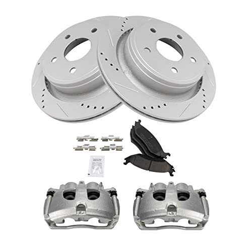 Image of TRQ Rear Performance Brake Pad, Caliper, & Rotor Kit Ceramic Vented Premium G-Coated Compatible with 2012 Ram 1500