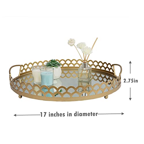 Maoname Gold Mirror Decorative Tray, Large Vanity Tray With Handle, Metal Round Glass Tray For Bathroom, Dresser, Storage | 17" X 17" X 2.75" #TOP3