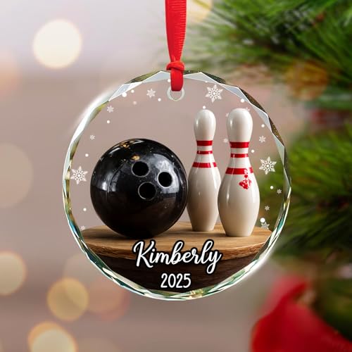 NAZENTI Personalized Bowling 3D Glass Christmas Ornament 2026, Custom Bowling Xmas Ornament with Name, Sports Keepsake Christmas Tree Decoration, Gift for Bowling Players, Dad, Mom, Team & Coach
