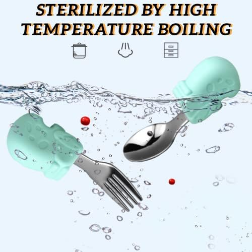 Crethink 2Pcs Baby Spoon&Fork Stainless Steel, Easy Grip Learning Spoons Training Self-Feeding Weaning Spoon Safe Children's Tablewar(with Storage Box)