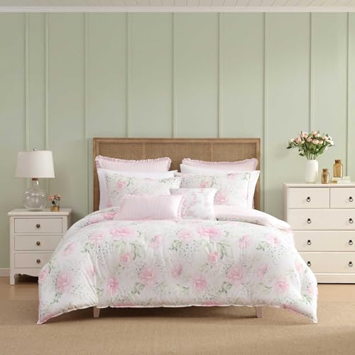 Laura Ashley - King Bonus Comforter Set, Reversible Bedding with a Naturally Soft Feel, 7 Piece Bed Set with Matching Pillowcases, Euro Shams, & Throw Pillow Covers (Serenity Roses/Mattie Stripe Pink)