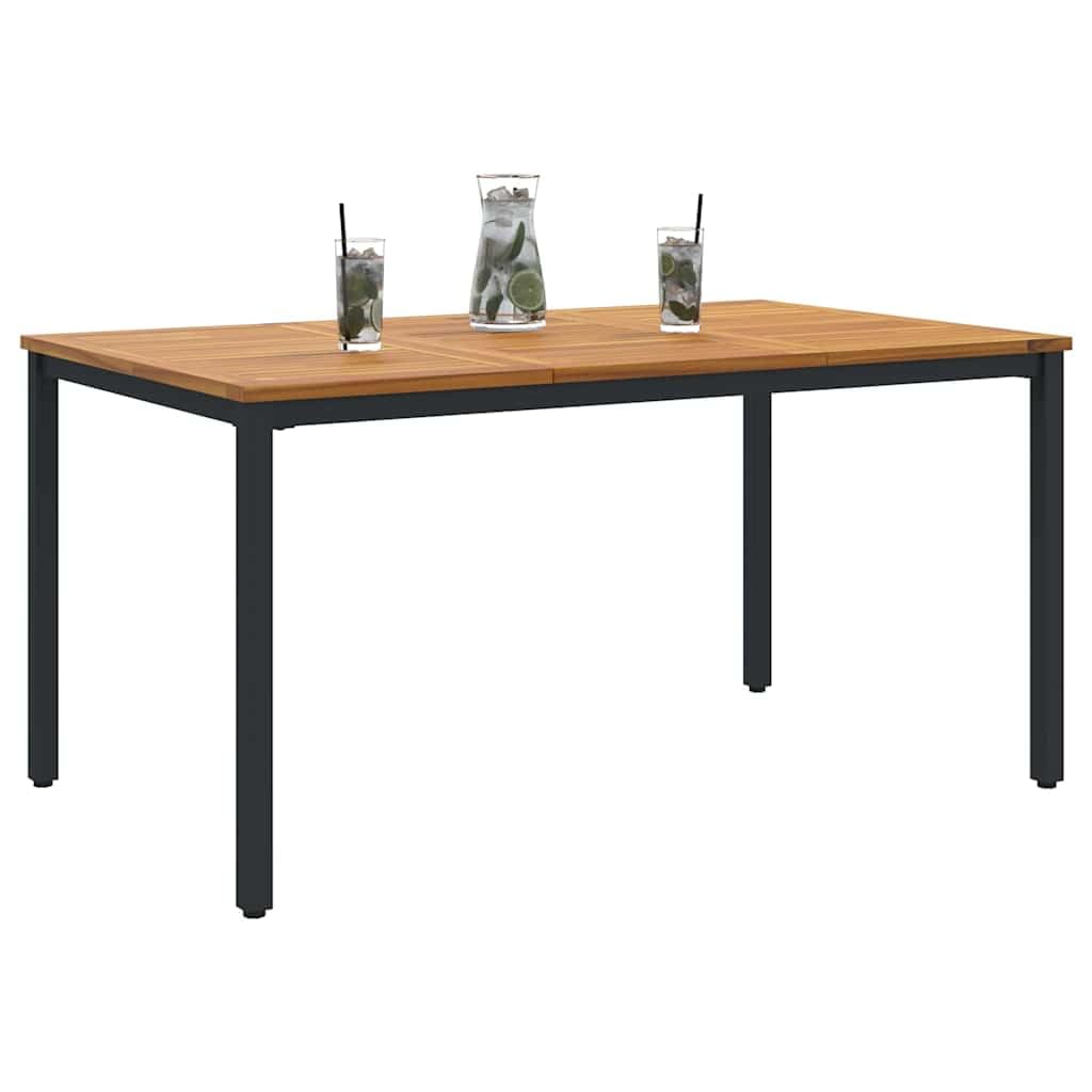 Stół ogrodowy z litego drewna akacjowego z czarnymi stalowymi nogami, 150 x 90 x 75 cm, odporny na warunki atmosferyczne, na taras, balkon, werandę