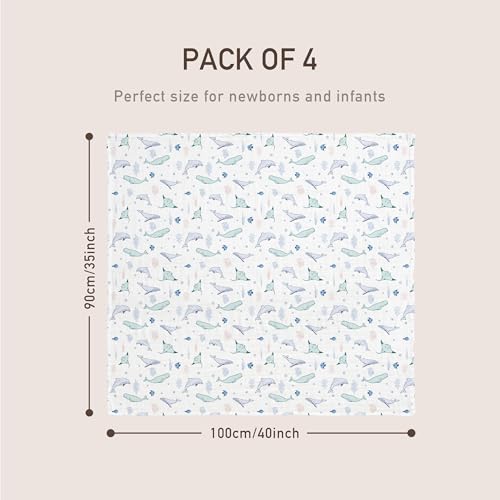 Image of GLLQUEN BABY Muslin Swaddle Blankets 4-Pack Breathable Receiving Blankets (35 inch x 40 inch) Soft Baby Blankets for Girls and Boys Newborn Essentials Muslin Burp Cloths Swaddle Wrap Baby Gift(Ocean Whimsy)