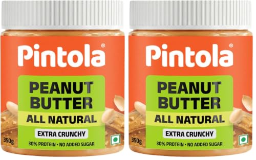 Image of Pintola All Natural Peanut Butter Extra Crunchy 350g |Unsweetened | 30g Protein | Gluten & Cholesterol Free, Vegan Peanut Butter, Nut Butter, High in Protein Spread, 100% Pure Roasted peanuts butter