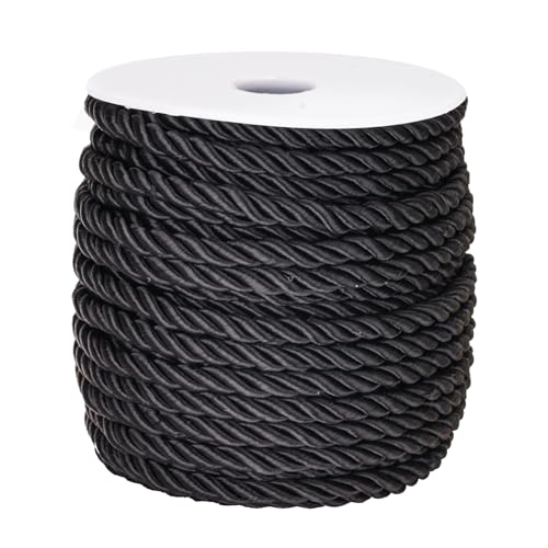 jijAcraft 5mm 21 Yards Black Rope Cord for Sewing & Crafting, 3-Ply Twisted Decorative Cord, Shiny Cord Polyester String for Home Decor Curtain Tieback, Upholstery, Graduation Honor Cord