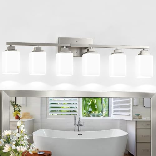 Image of Brushed Nickel Bathroom Light Fixtures, 6-Light Vanity Lights over mirror