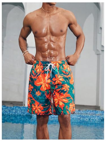 OYOANGLE Men's Swim Trunks Floral Print Drawstring Waist Summer Swimwear Beach Shorts Bathing Suit4