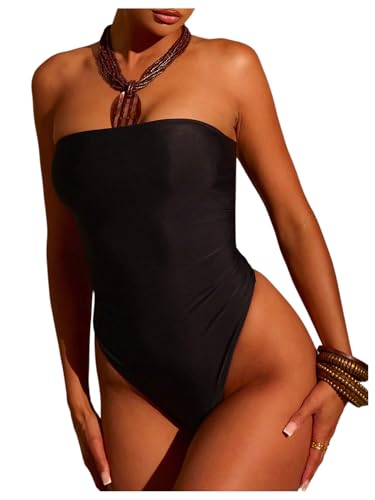 WDIRARA Women's One Piece Swimsuit Strapless Bandeau Bathing Suits Tummy Control Swimwear