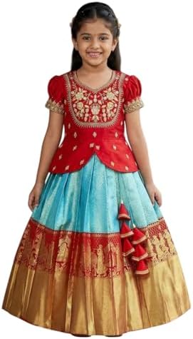 White Button New south Indian traditional pattu pavadai Jecquard Lehenga choli for girls dress
