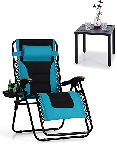 Phi Villa Outdoor Adjustable Zero Gravity Folding Reclining Lounge Chair With Side Table And Pillow, Aqua #TOP22
